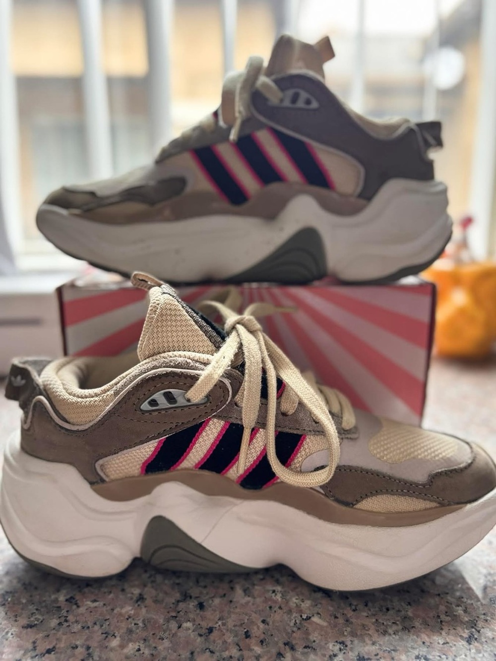 adidas Beige Athletic Sneakers with Pink and Black Stripes
